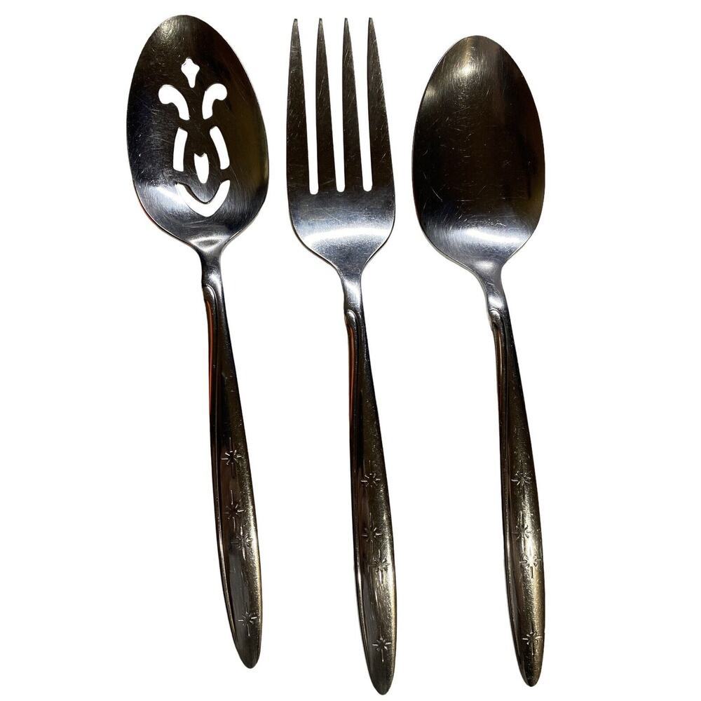Oneida Sunburst Stainless Flatware Serving Spoon & Fork & Slotted Spoon Set
